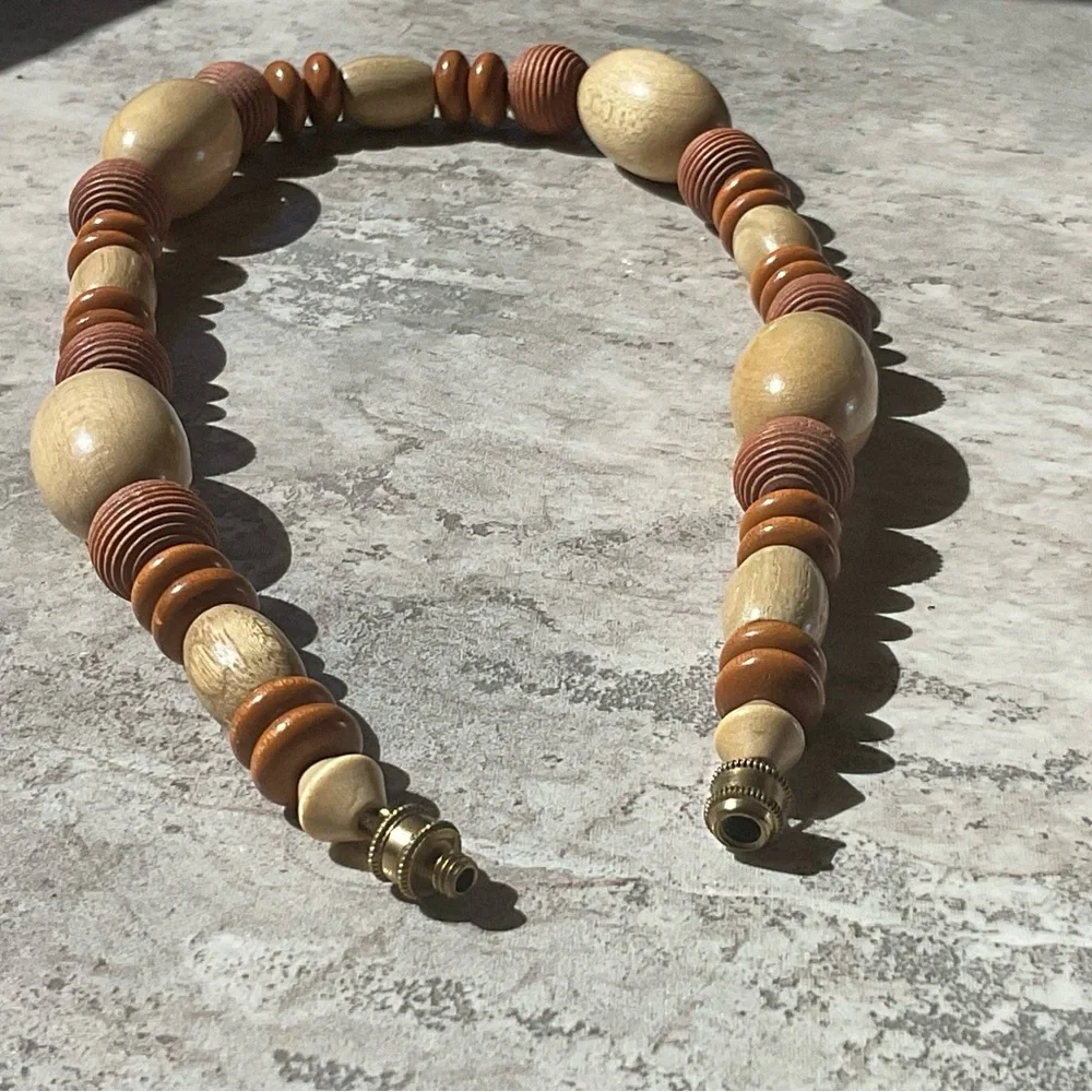 Wood bead necklace Various size shapes color screw closure 15” long